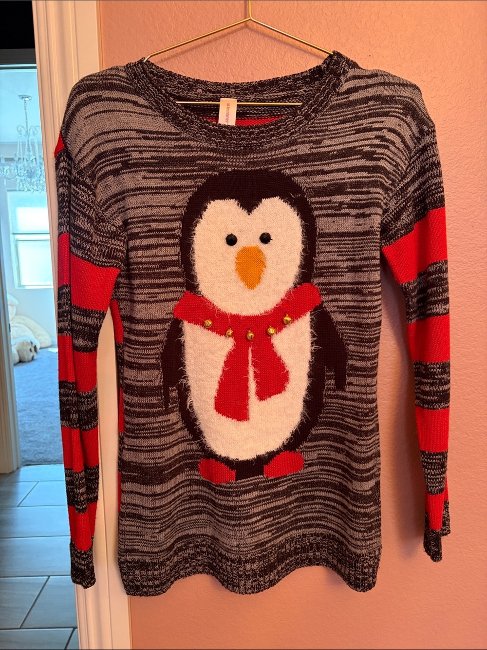 Cozy Penguin Holiday Sweater in Gray and Red